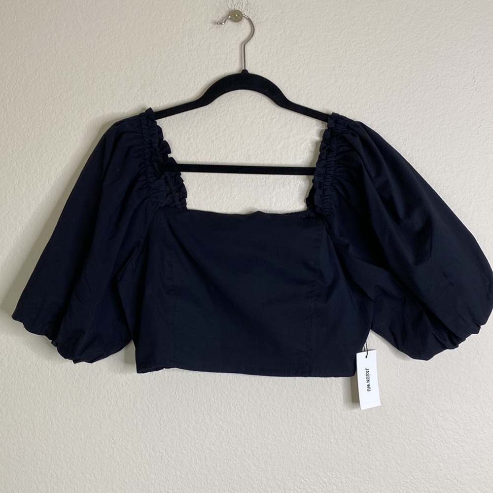 Jason Wu crop top women’s large black ruched puff sleeve NWT